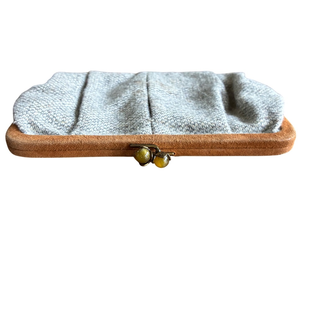 Vintage‎ J.Crew Clutch Small Gray Wool Tweed Suede Floral Amber Kiss Lock Pouch